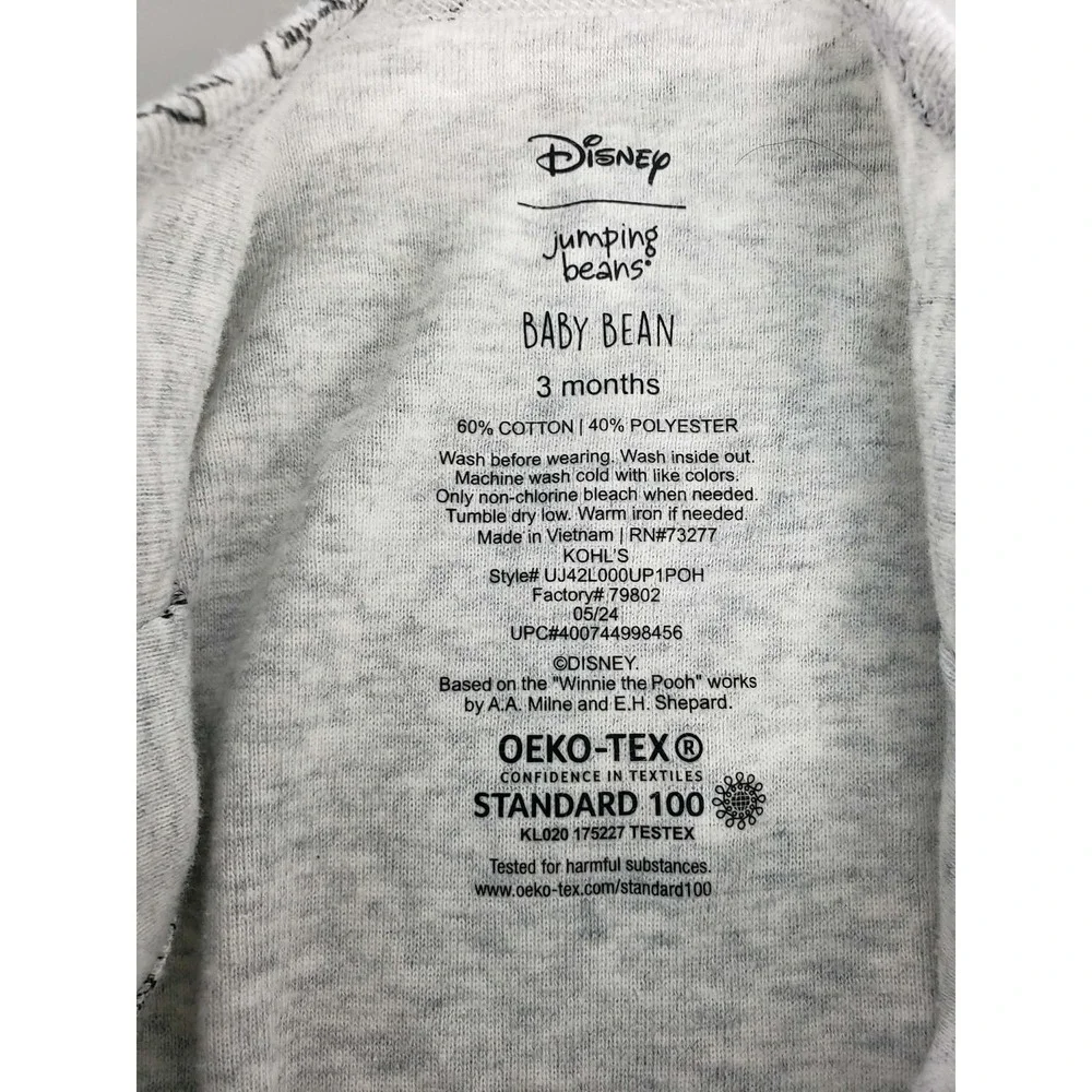 Disney Jumping Beans Winnie the‎ Pooh Gray Long Sleeve Bodysuit 3 Months